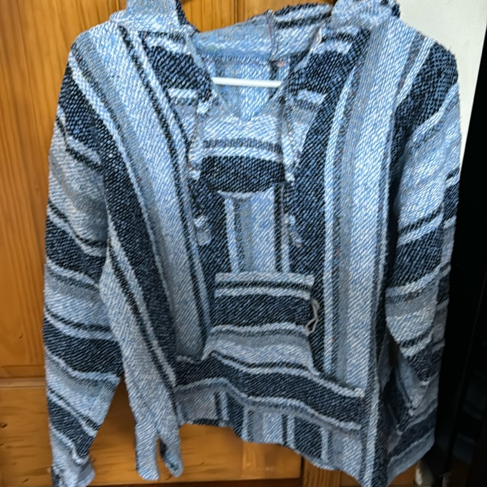 No label. Knitted sweatshirt with hoodie for women. Blue in color . Small pocket